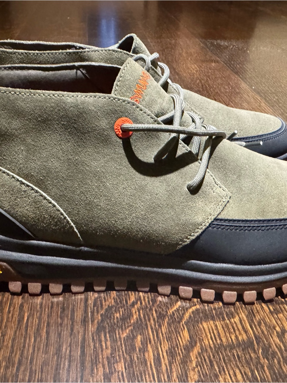 Swims Olive Suede Chukka with Black Rubber Trim and Orange Logo